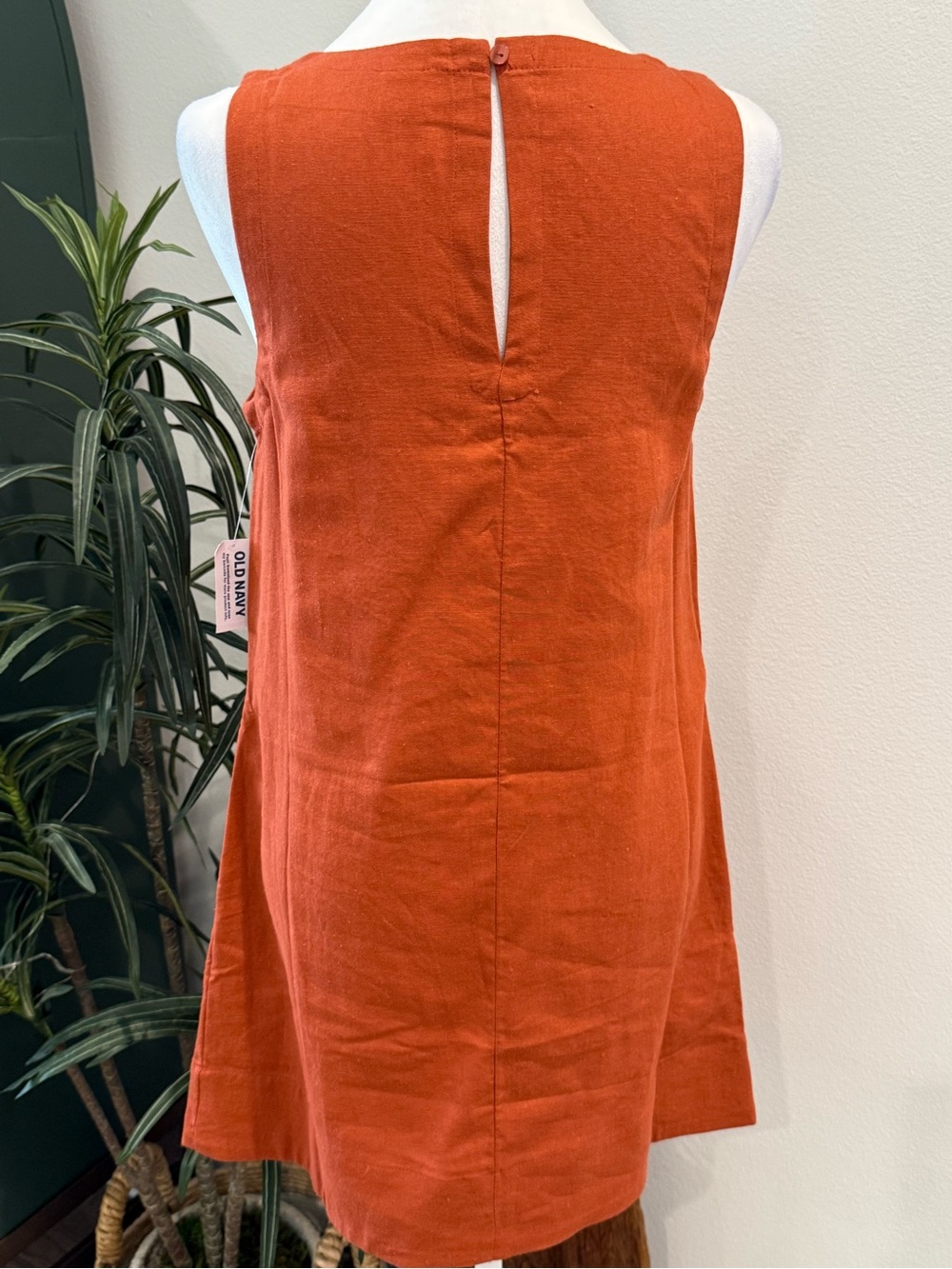 Old Navy Printed Linen-Blend Mini Shift Dress Rust Color Crew Neck Loose - Picture 3 of 14